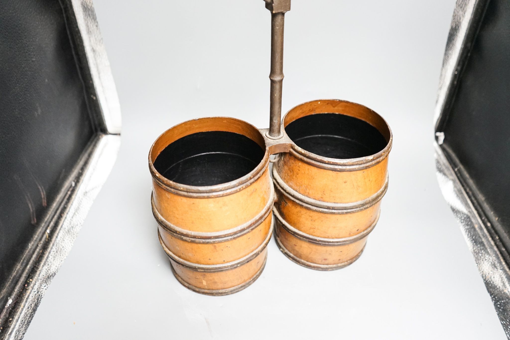 A Victorian toleware twin barrel-shaped wine bottle cooler/carrier, 43cm